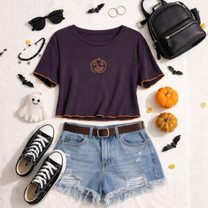 Black Orange Embroidred Jackolantern Pumpkin Crop Top Shirt